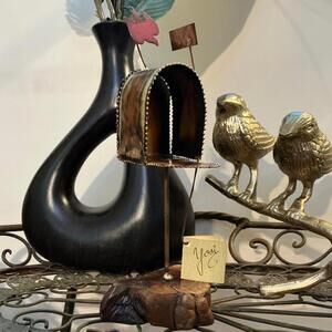 Vintage Yosi Mailbox Brutalist Folk Art Sculpture Mixed Media Art Brass Wood